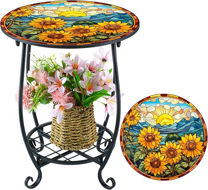 Outdoor Side Table Round Small Mosaic Patio Accent Indoor End Plant Coffee Tea Table for Yard Patio Porch Garden Living - Photo 1