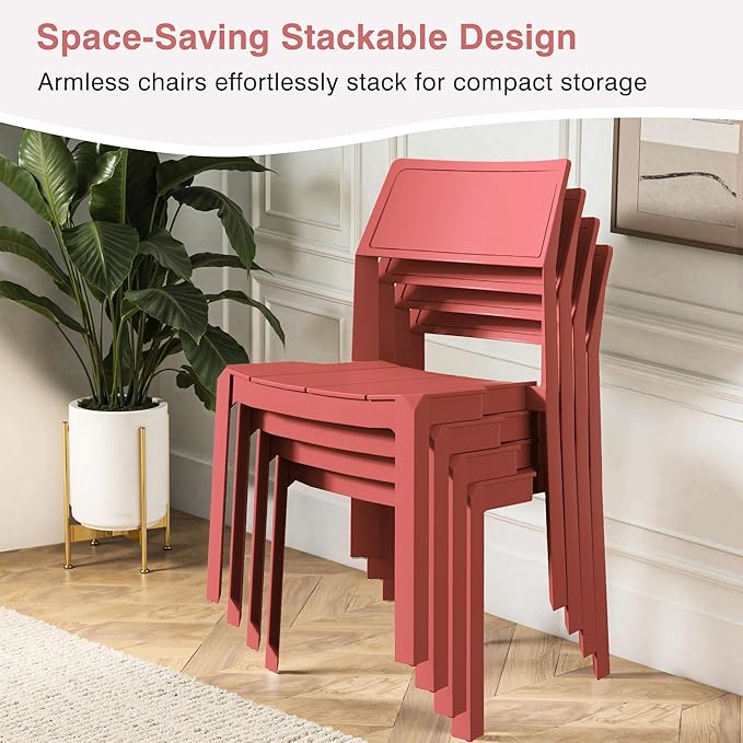 VECELO 4 Pack Stackable Dining Chairs, Plastic Patio Chairs for Indoor Outdoor Use in Kitchen, Poolside, No Assembly, Modern Red