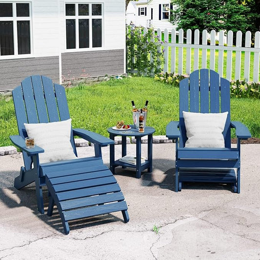 MXIMU Folding Adirondack Ottoman Set of 2: HIPS Plastic Outdoor Footrest Easy Assembly - All Weather Foot Rest Foot Stool for Adirondack Chair Use in Patio Garden Backyard Pool (Navy)