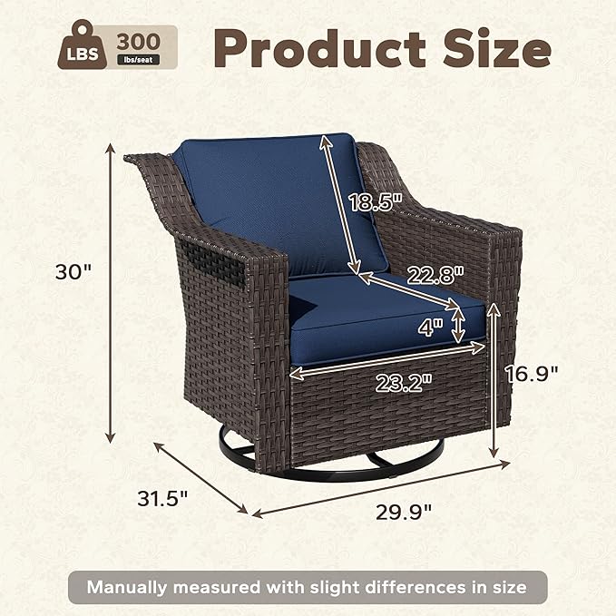 Outdoor Furniture Swivel Chair, Patio Glider Wicker Rocker Seating with Cushions for Porch Deck Balcony (Blue) - Photo 2