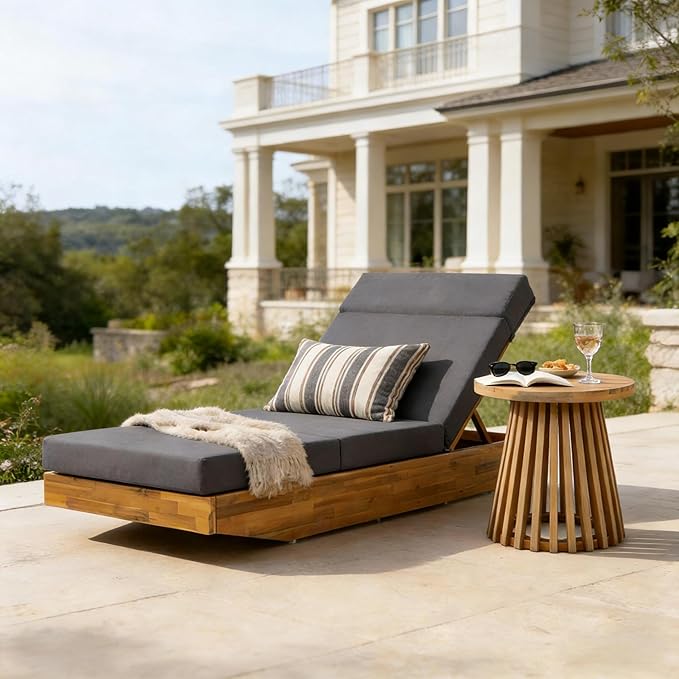Modern Acacia Wood Outdoor Chaise Lounge with Leaf Coconut Water-Repellent Cushion & Integrated Headrest, Adjustable & Foldable Design for Patio, Poolside, Garden