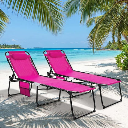 Goplus Folding Beach Lounge Chair w/Pillow for Patio Backyard Park Indoor and Outdoor, Adjustable 4-Level Backrest and 2-Level Footrest (Pink, 2 PCS Ordinary Size)