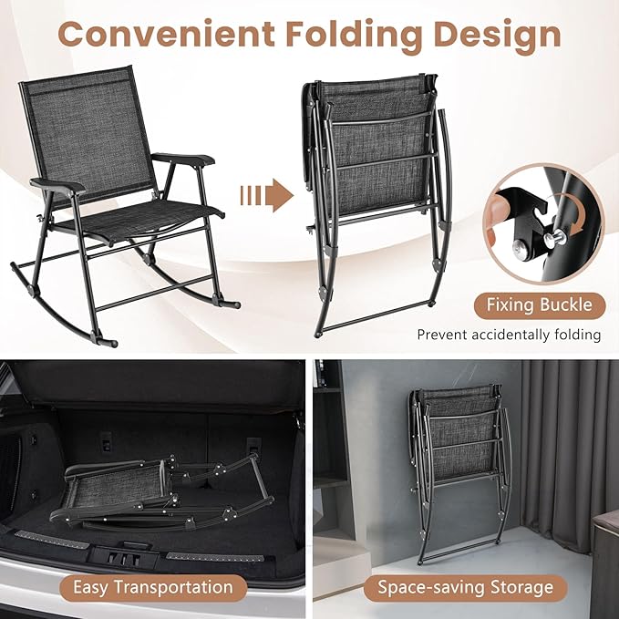 Tangkula Folding Rocking Chairs Set of 4, Patio Rockers with Breathable Seat Fabric & Sturdy Metal Frame, Smooth Rocking Motion, Heavy-Duty Outdoor Rocker for Backyard, Front Porch, Poolside