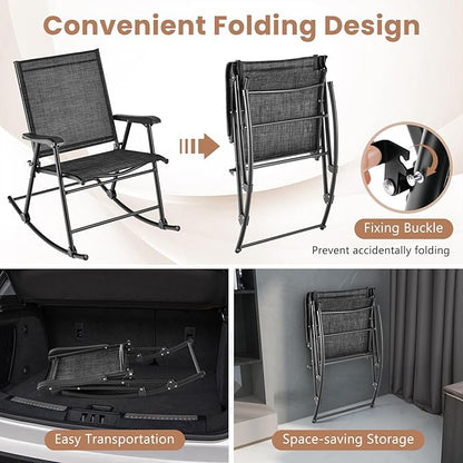 Tangkula Folding Rocking Chairs Set of 4, Patio Rockers with Breathable Seat Fabric & Sturdy Metal Frame, Smooth Rocking Motion, Heavy-Duty Outdoor Rocker for Backyard, Front Porch, Poolside