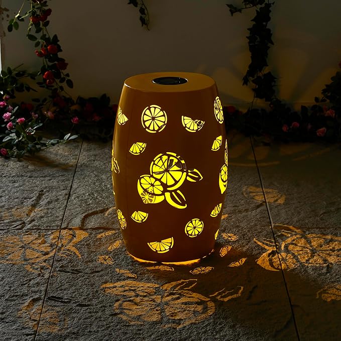 Glitzhome 18.25" H Outdoor Side Table with Lemon Pattern Solar Powered Light, Iron Cutout Drum Garden Stool Solar Decorative Lanterns, Metal End Table Plant Stand for Indoor Outdoor, Yellow