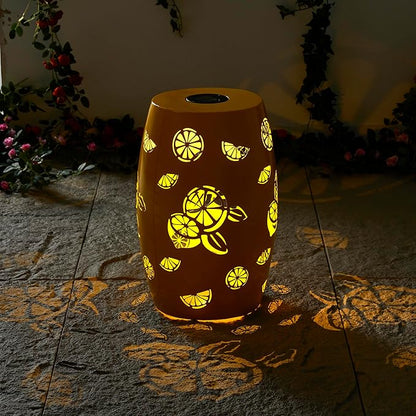 Glitzhome 18.25" H Outdoor Side Table with Lemon Pattern Solar Powered Light, Iron Cutout Drum Garden Stool Solar Decorative Lanterns, Metal End Table Plant Stand for Indoor Outdoor, Yellow