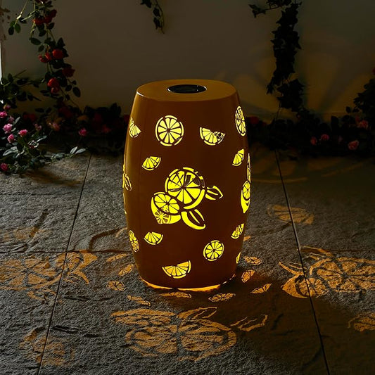Glitzhome 18.25" H Outdoor Side Table with Lemon Pattern Solar Powered Light, Iron Cutout Drum Garden Stool Solar Decorative Lanterns, Metal End Table Plant Stand for Indoor Outdoor, Yellow