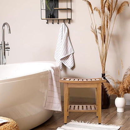 Kasa Solid Teak Indoor Outdoor Shower/Bath/Spa Stool Bench with Bottom Shelf, Fully Assembled, DB-916