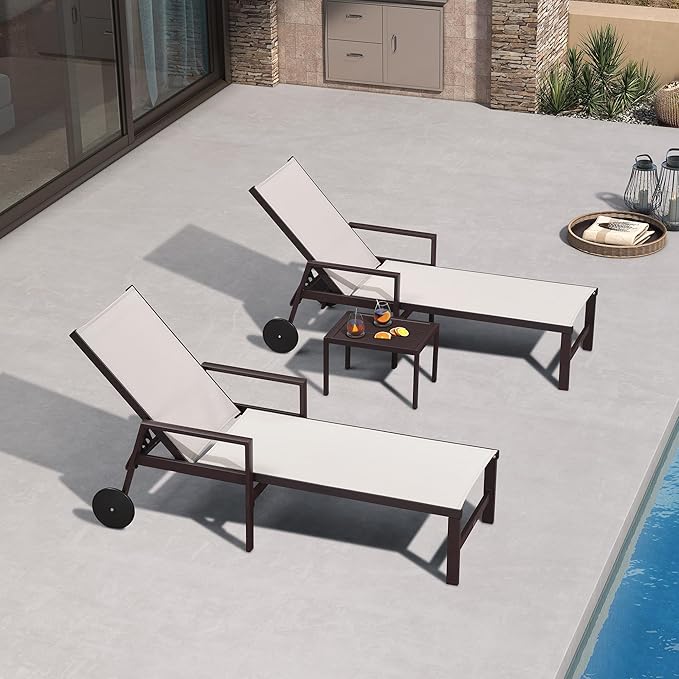 PURPLE LEAF Outdoor Chaise Lounge Chair Set of 2 with Armrests, Aluminum Patio Loungers with Wheels and Adjustable Backrest, Includes Side Table for Deck, Outside, Lawn, Garden, Linen