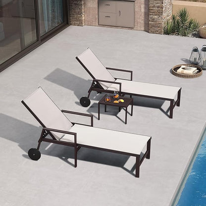 PURPLE LEAF Outdoor Chaise Lounge Chair Set of 2 with Armrests, Aluminum Patio Loungers with Wheels and Adjustable Backrest, Includes Side Table for Deck, Outside, Lawn, Garden, Linen