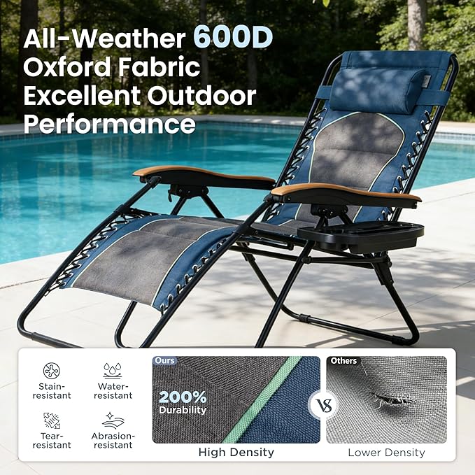 PHI VILLA XXL Oversized Padded Zero Gravity Chair, Foldable Patio Recliner, 30" Wide Seat Anti Gravity Lounger with Cup Holder, Support 400 LBS (Blue Accent)