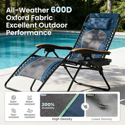 PHI VILLA XXL Oversized Padded Zero Gravity Chair, Foldable Patio Recliner, 30" Wide Seat Anti Gravity Lounger with Cup Holder, Support 400 LBS (Blue Accent)