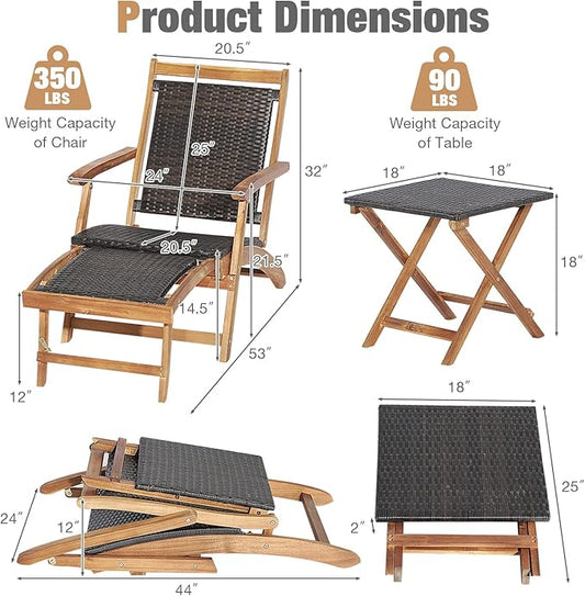 HAPPYGRILL Patio Lounge Chair Set of 3, Outdoor Acacia Wood Rattan Wicker Chaise Lounge w/Side Table, Deck Chair w/Armrest & Retractable Ottoman, for Backyard, Poolside