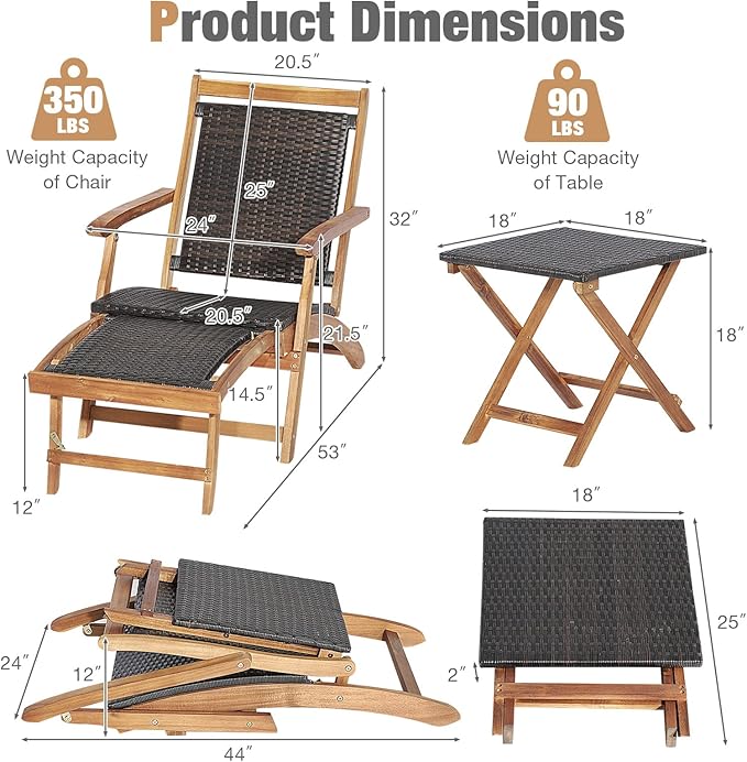 RELAX4LIFE Patio Lounge Chair Set - Outdoor Acacia Wood Chaise Lounge w/Side Table, Armrest & Retractable Ottoman, Rattan Seat, Tabletop, Quick Folding Sunbathing Chair for Backyard, Poolside (2)
