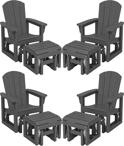 SERWALL Outdoor Glider Chair Set of 4 with Ottoman, HDPE Wood-Like Patio Glider Set All-Weather Porch Glider for Outside, Gray