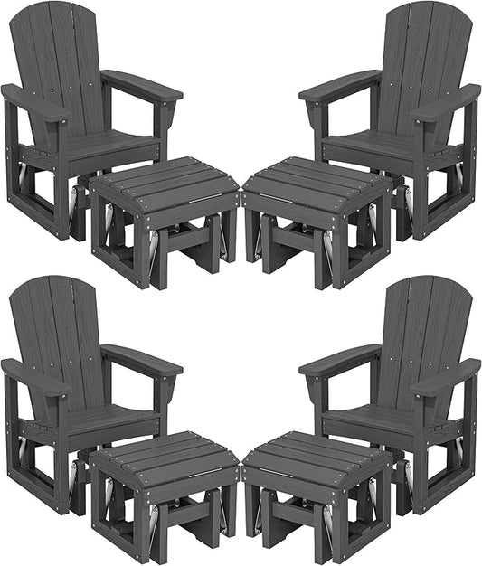 SERWALL Outdoor Glider Chair Set of 4 with Ottoman, HDPE Wood-Like Patio Glider Set All-Weather Porch Glider for Outside, Gray