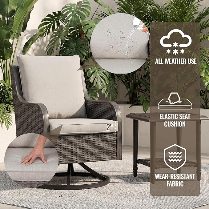 Loungewave Swivel PE Wicker Chair, Outdoor High Back Swivel Patio Chair, 360 Degree Outdoor Swivel Chair with Cushion, Patio Furniture for Porch Balcony Garden, Poolside (Brown/Beige)
