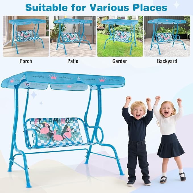 KOTEK Kids Patio Swing, 2-Seater Outdoor Hanging Bench with Adjustable Canopy, Safety Belt & Curved Armrest, Kids Swing Chair with Stand for Backyard, Garden, Lawn, Porch (Blue Flamingo)