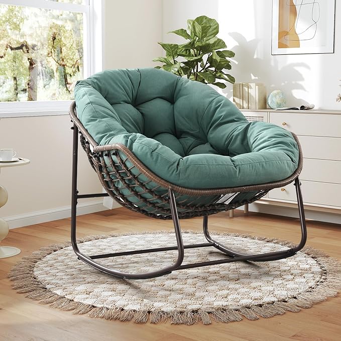 Large Indoor Outdoor Rocking Chair, Oversized Rocking Papasan Chair with Thick Cushion and Frame Outdoor Rocker, Comfy Wicker Egg Chairs Lounge for Outside Porch Patio Backyard (Light Green, Set of 2)