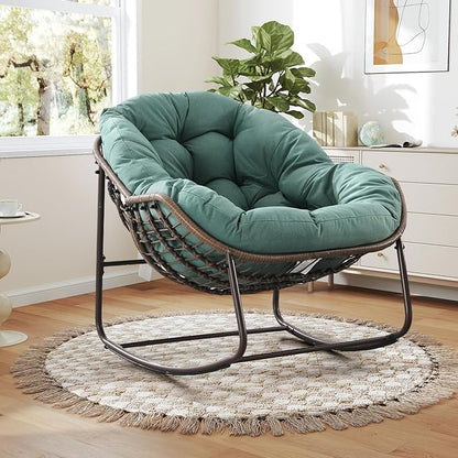 Large Indoor Outdoor Rocking Chair, Oversized Rocking Papasan Chair with Thick Cushion and Frame Outdoor Rocker, Comfy Wicker Egg Chairs Lounge for Outside Porch Patio Backyard (Light Green, Set of 2)