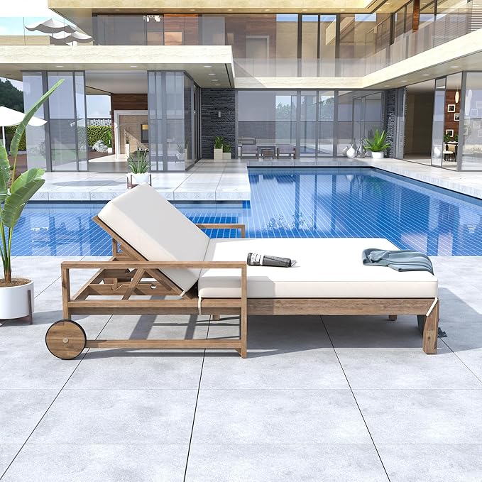 Acacia Wood Outdoor Patio Daybed Sunbed with Movable Wheels - Photo 3