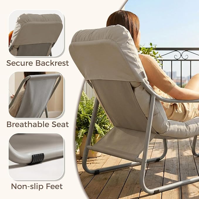 BULEXYARD 4" Thick Cushion Patio Lounge Chair, Heavy Duty Reading Chair with Ottoman, Breathable Mesh Outdoor Chair and Ottoman Set for Balcony Yard Garden Porch Poolside, Beige