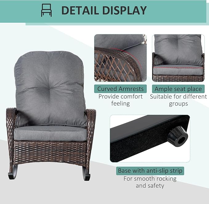 Outsunny Outdoor Wicker Rocking Chair with Wide Seat, Thickened Cushion, Rattan Rocker with Steel Frame for Patio, Garden, Backyard, Gray