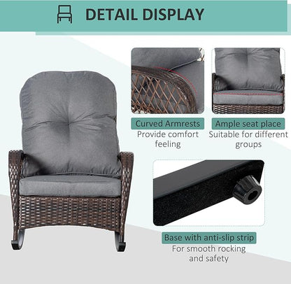 Outsunny Outdoor Wicker Rocking Chair with Wide Seat, Thickened Cushion, Rattan Rocker with Steel Frame for Patio, Garden, Backyard, Gray