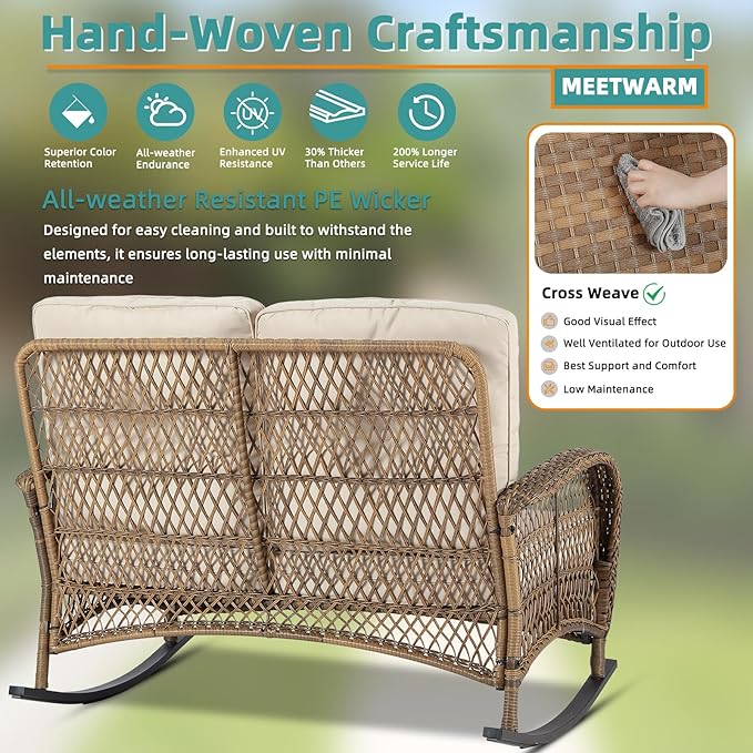MEETWARM Outdoor Double Rocking Chair with Coffee Table, Oversized Loveseat Rocker with Thick Cushion for 2-Person，All-Weather 600 lbs Heavy Duty Rocking Bench Large Loveseat Patio Sofa for Garden