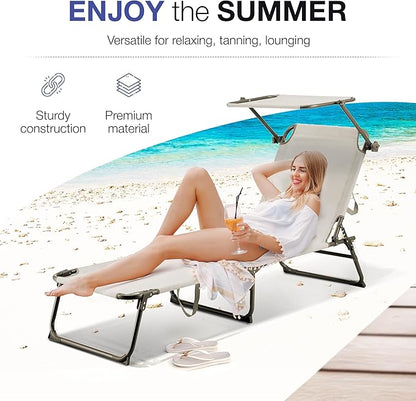 Folding Outdoor Lounge Chair with Canopy - Portable & Adjustable Beach Lounge Chair - 5 Positions, Carry Handles, 600D Fabric, 265 lbs Capacity – Tanning Chaise Lounge for Beach, Patio, Lawn