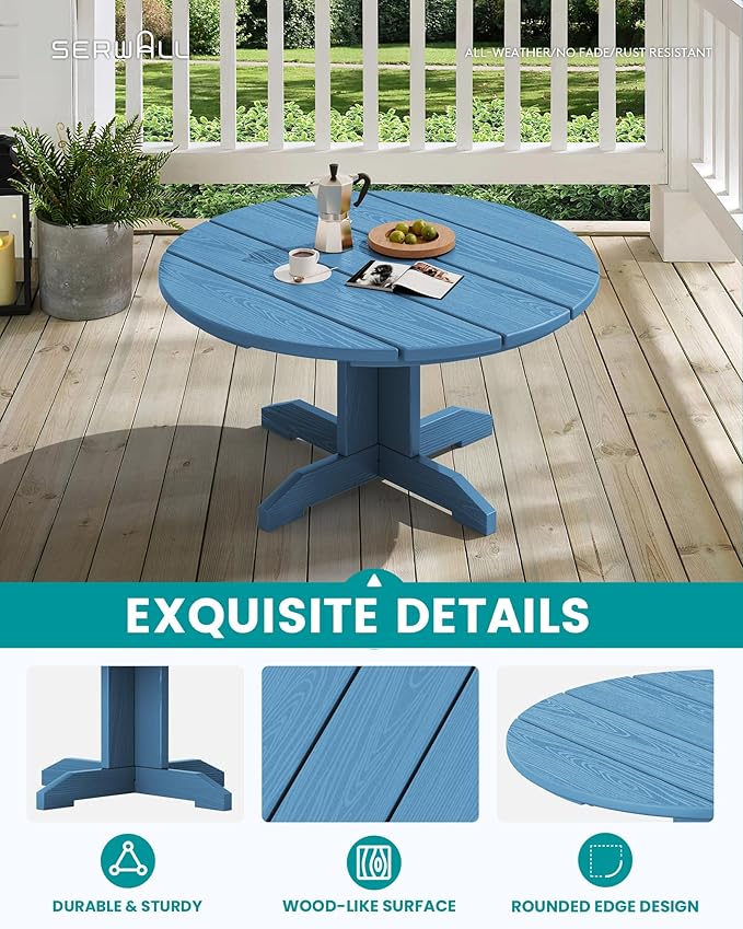 SERWALL Outdoor Round Coffee Table Set, 5-Piece Outdoor Coffee Table and Adirondack Chair with Cup Holders Blue - Photo 4