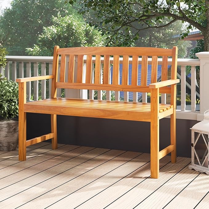 RELAX4LIFE Outdoor Bench Acacia Wood - 2-Person Garden Bench w/Backrest & Armrests, Slatted Wooden Patio Loveseat Chair for Front Porch Poolside Park Backyard, 800 LBS Weight Capacity (43'')