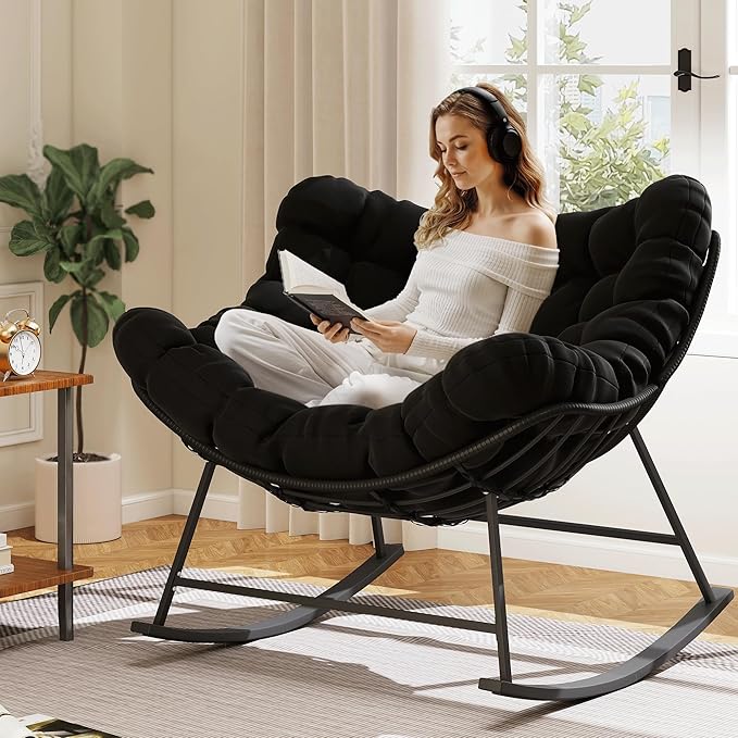 Kromax Oversized Outdoor Papasan Rocking Chair, Wicker Egg Chair Rocker for Outside, Comfy Patio Rocker, Large Indoor Rocking Recliner, Modern Egg Style, Black