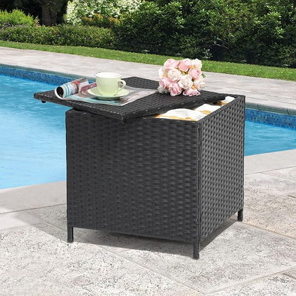 Verano Garden Outdoor Wicker Side Table, Small Storage Rattan Wicker End Table, Square Resin Coffee Table for Garden Porch Deck Living Room Backyard (Black)
