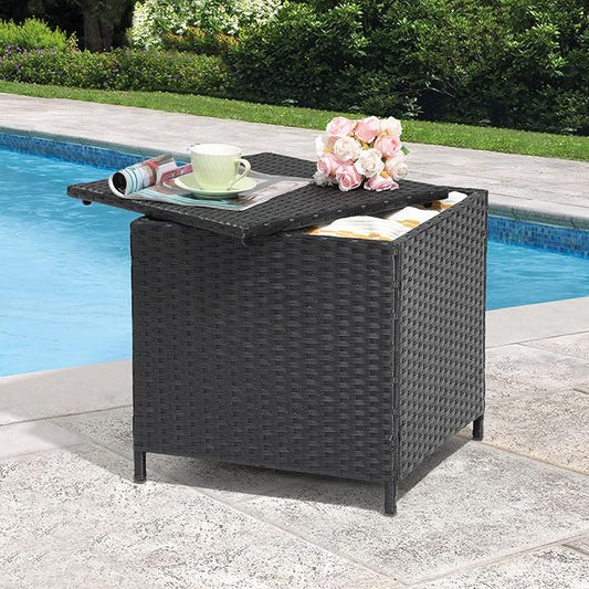 Verano Garden Outdoor Wicker Side Table Set of 2, Small Storage Rattan Wicker End Table, Square Resin Coffee Table for Garden Porch Deck Living Room Backyard