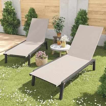 Patio Chaise Lounge Set of 2 with 4 Adjustable Backrest, Foldable Aluminum Chaise Lounge Chair Recliner for Outdoor, Poolside, Sun Tanning Beige