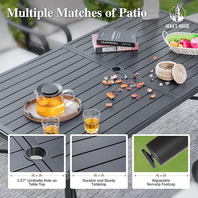 HERA'S HOUSE 67" Patio Table with Umbrella Hole for 6, Extra Large Rectangle Metal Outdoor Dining Table for Backyard Garden Lawn, Black