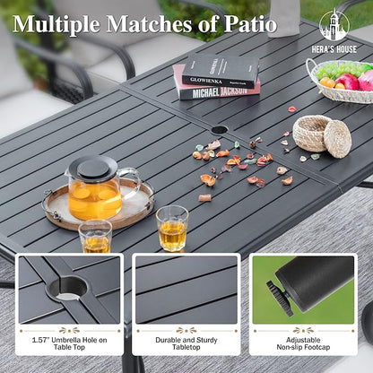 HERA'S HOUSE 67" Patio Table with Umbrella Hole for 6, Extra Large Rectangle Metal Outdoor Dining Table for Backyard Garden Lawn, Black