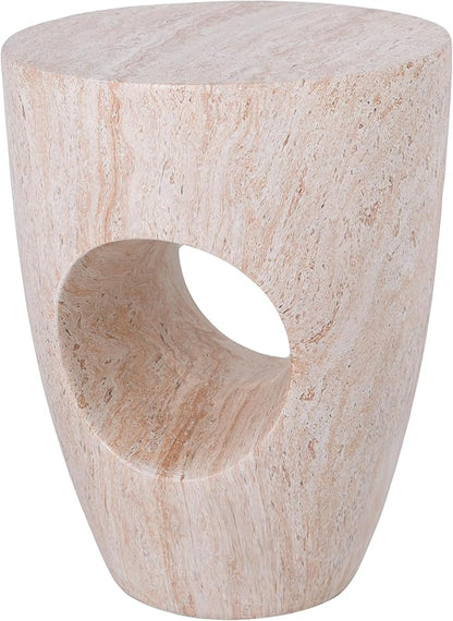 Merax 19.29" H Modern Round MgO Side Table with Cutout Accent, Faux Marble Outdoor Garden Stool & Indoor End Table, Weather Resistant Decorative Accent Table, No Assembly Required, Beige Marble
