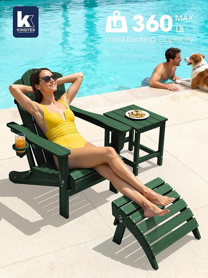 KINGYES Folding Adirondack Chair, HDPE All-Weather Patio Chairs, Wooden Textured Lawn Chair for Poolside, Backyard, Deck, Fire Pit, Green