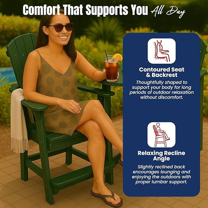 Phat Tommy Tall Adirondack Chair - HDPE Outdoor Furniture - Poly Adirondack Bar Stool - Heavy, Stress Free Furniture for Balcony, Deck, Patio, Front Porch, Green