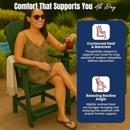 Phat Tommy Tall Adirondack Chair - HDPE Outdoor Furniture - Poly Adirondack Bar Stool - Heavy, Stress Free Furniture for Balcony, Deck, Patio, Front Porch, Green