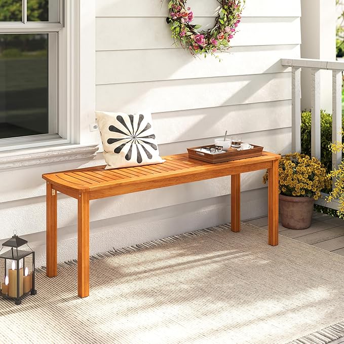 RELAX4LIFE Wood Patio Outdoor Bench - 48’’ Backless Acacia Wooden Dining Bench w/Slatted Seat, 2-Person Farmhouse Indoor Outside Furniture for Entryway Garden Park Porch Poolside, 800LBS Max Load (1)