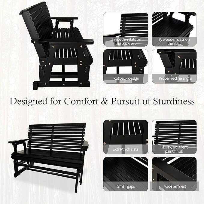 Fortune Candy Wooden Patio Glider with High Roll Back and Deep Contoured Seat, Solid Fir Wood, 2-Seater, Heavy Duty 800 LBS, 4 Ft. (Carbon Black)