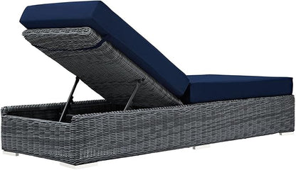 Modway Summon Wicker Rattan Aluminum Outdoor Patio Poolside Chaise Lounge Chair with Sunbrella® Fabric Cushions in Canvas Navy
