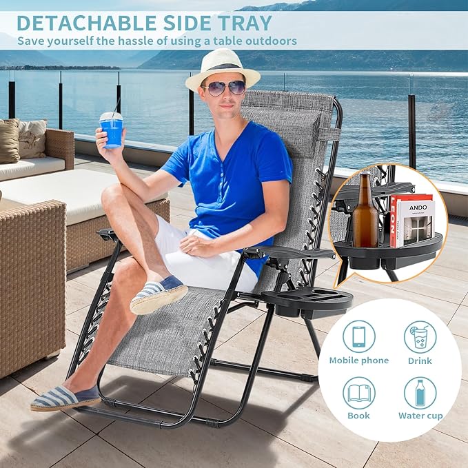 Zero Gravity Chairs Set of 2, Reclining Camping Chair with Adjustable Pillow and Cup Holder Trays, Reclining Folding Outdoor Chairs for Poolside Backyard and Beach (Gray-2)