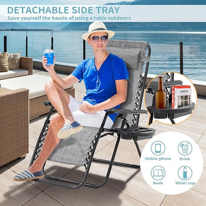 Zero Gravity Chairs Set of 2, Reclining Camping Chair with Adjustable Pillow and Cup Holder Trays, Reclining Folding Outdoor Chairs for Poolside Backyard and Beach (Gray-2)