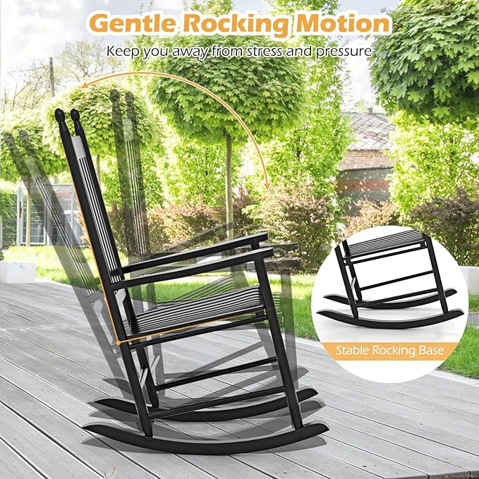 Giantex Outdoor Rocking Chair, All Weather Patio Rocker w/Solid Rocking Base & High-Back, Slatted Seat & Back, Acacia Wood Porch Rocker, Wooden Patio Rocking Chair for Backyard, Poolside, Black
