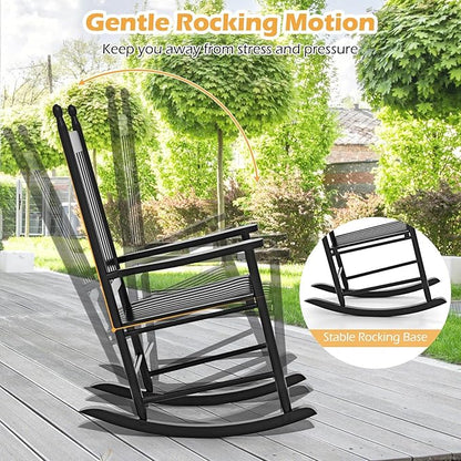 Giantex Outdoor Rocking Chair, All Weather Patio Rocker w/Solid Rocking Base & High-Back, Slatted Seat & Back, Acacia Wood Porch Rocker, Wooden Patio Rocking Chair for Backyard, Poolside, Black