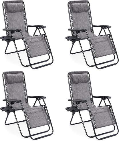 Sweetcrispy Zero Gravity Chairs, Set of 4 Portable Recliner Beach Camping Patio Outdoor Folding Lounge Chair with Cup Holder Trays and Adjustable Pillow for Poolside, Garden, Backyard, Lawn (Grey)